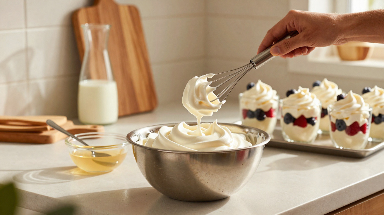 Mão segurando batedor de claras com creme batido em tigela de metal, sobremesas com frutas ao fundo.