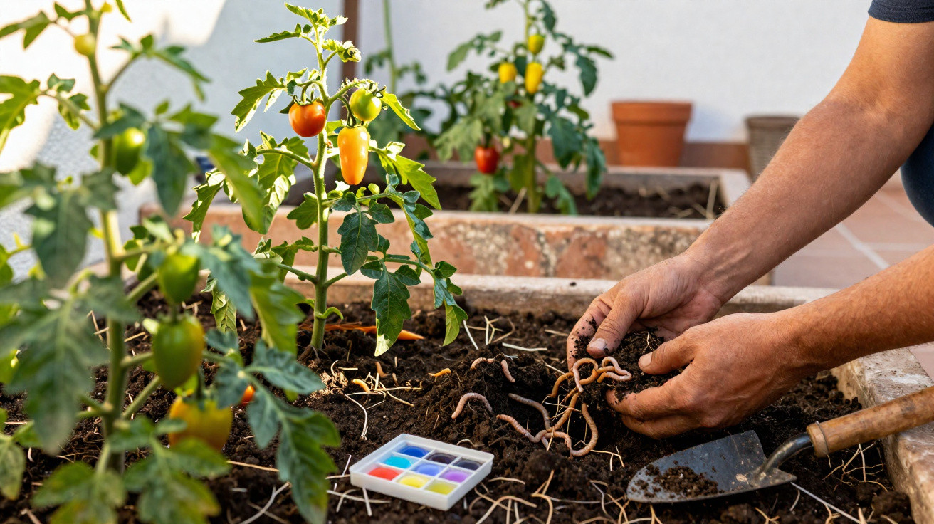 Mãos segurando minhocas na terra de uma horta com pés de tomate e uma pequena pá ao lado.