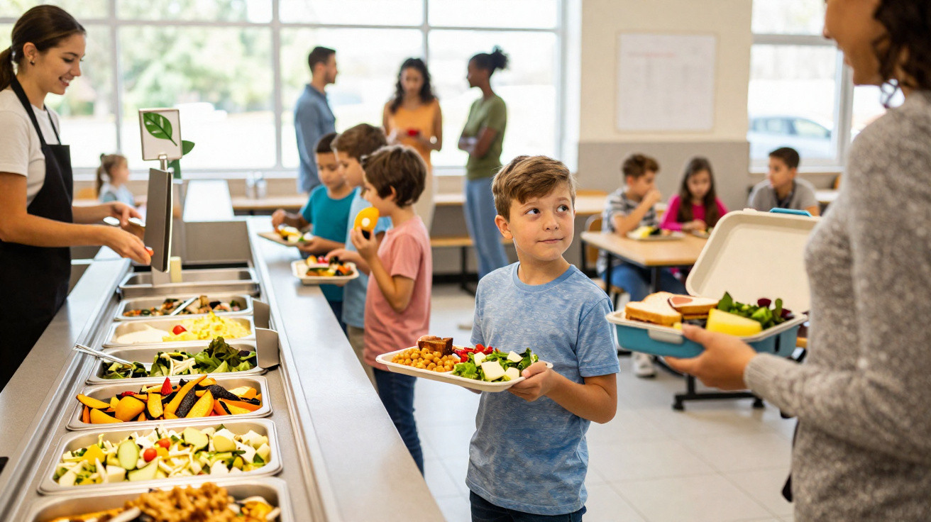 Crianças em fila para se servir no refeitório escolar com funcionária e adultos ao fundo.