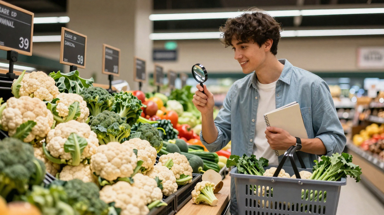 Jovem segurando lupa observa couve-flor em mercado enquanto carrega cesta e caderno.