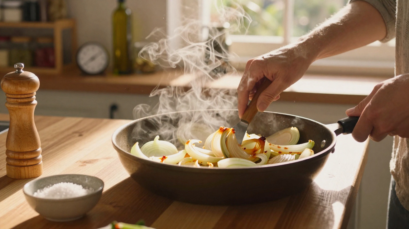 Mãos mexendo cebolas fatiadas em frigideira com vapor em cozinha iluminada e utensílios ao redor.
