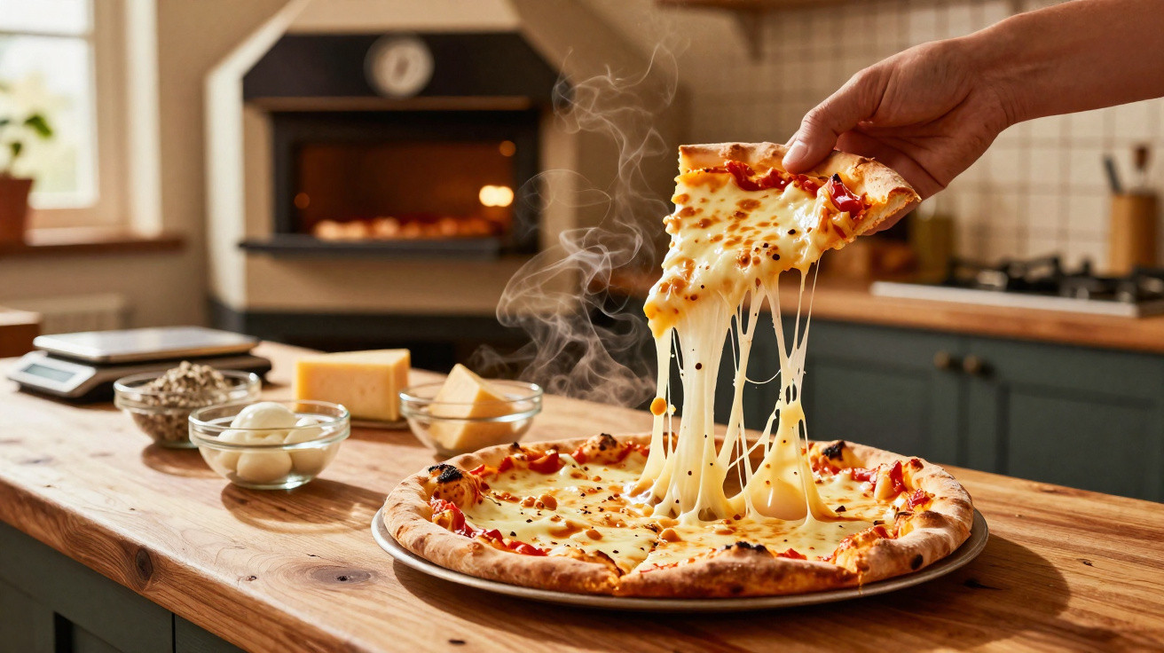 Mão segurando fatia de pizza quente com queijo derretido saindo, sobre mesa de madeira em cozinha.