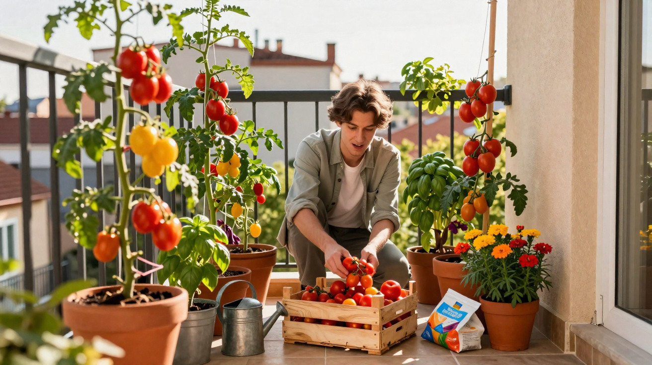 Jovem colhendo tomates em vasos na varanda ensolarada com plantas e flores.