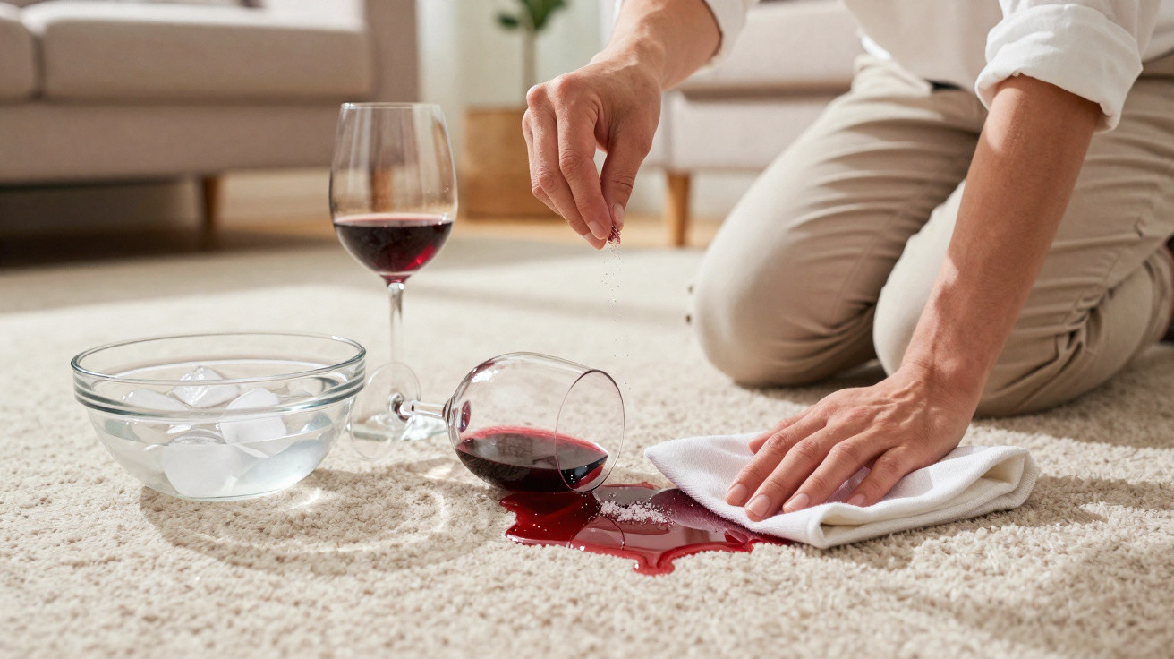 Pessoa ajoelhada secando vinho tinto derramado em carpete com pano branco e sal ao lado.