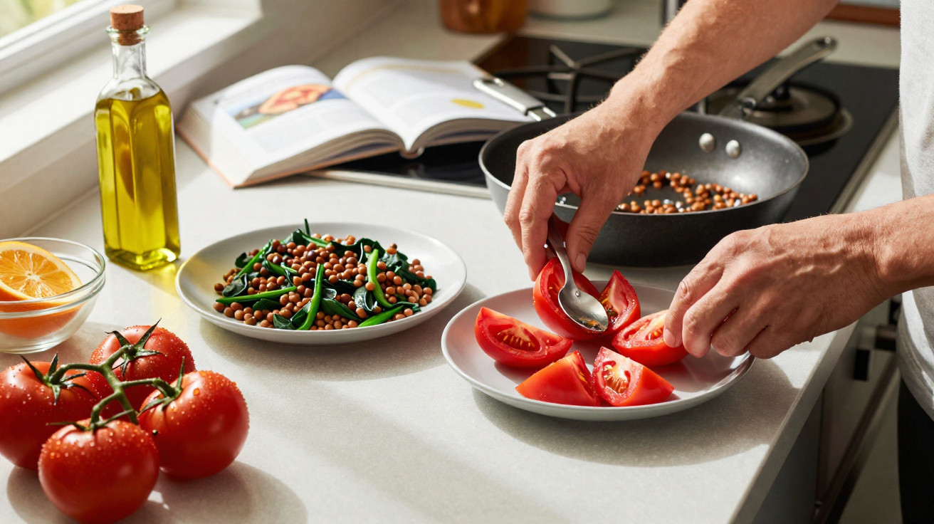 Mãos preparando salada com tomate, feijão e ervilha na cozinha, ao lado de azeite e livro aberto.