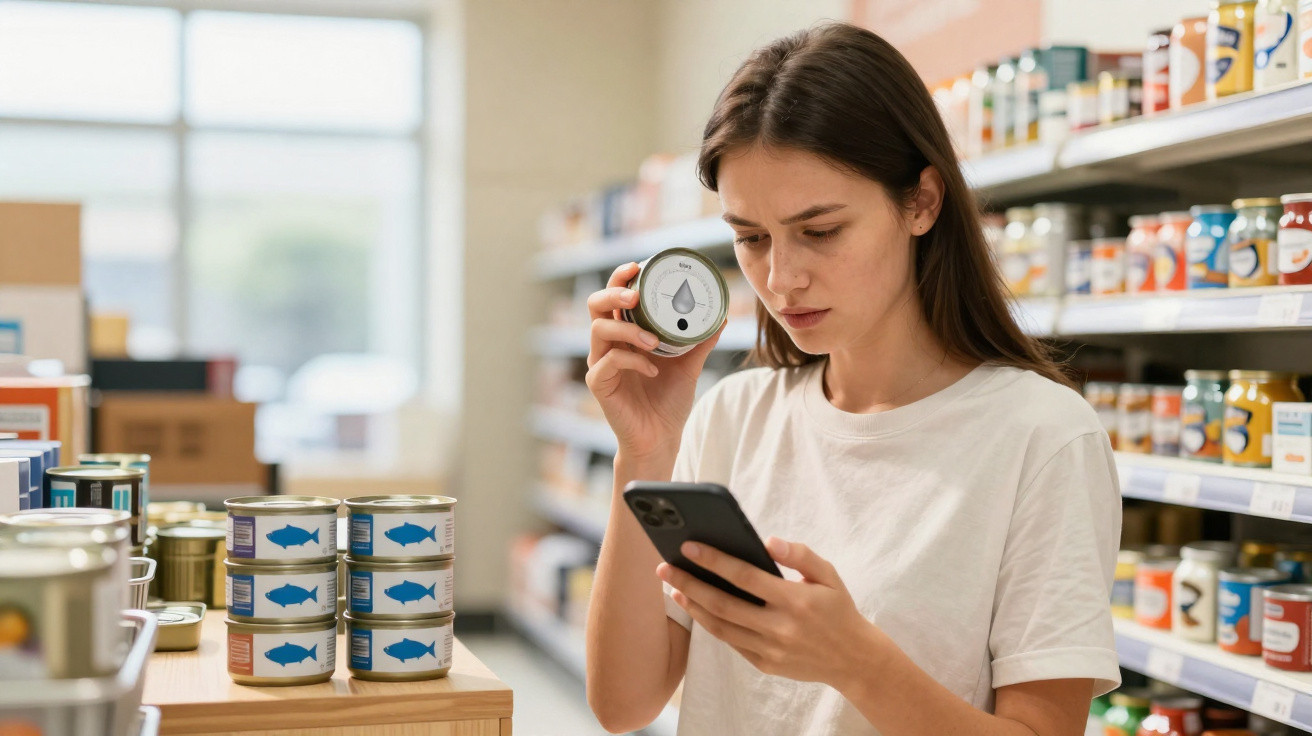 Mulher em supermercado consulta informações no celular segurando lata de alimento na mão.