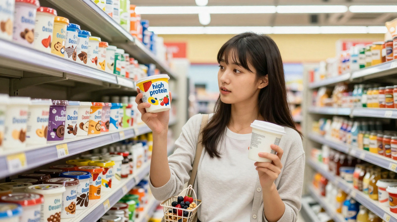 Mulher jovem escolhe iogurte com alto teor de proteína em supermercado com cesta de frutas.