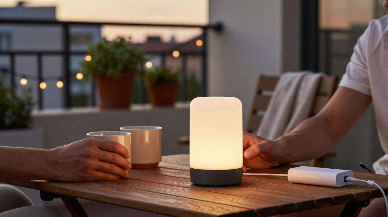 Pessoas segurando copos em mesa de madeira com luminária acesa em ambiente externo ao entardecer.