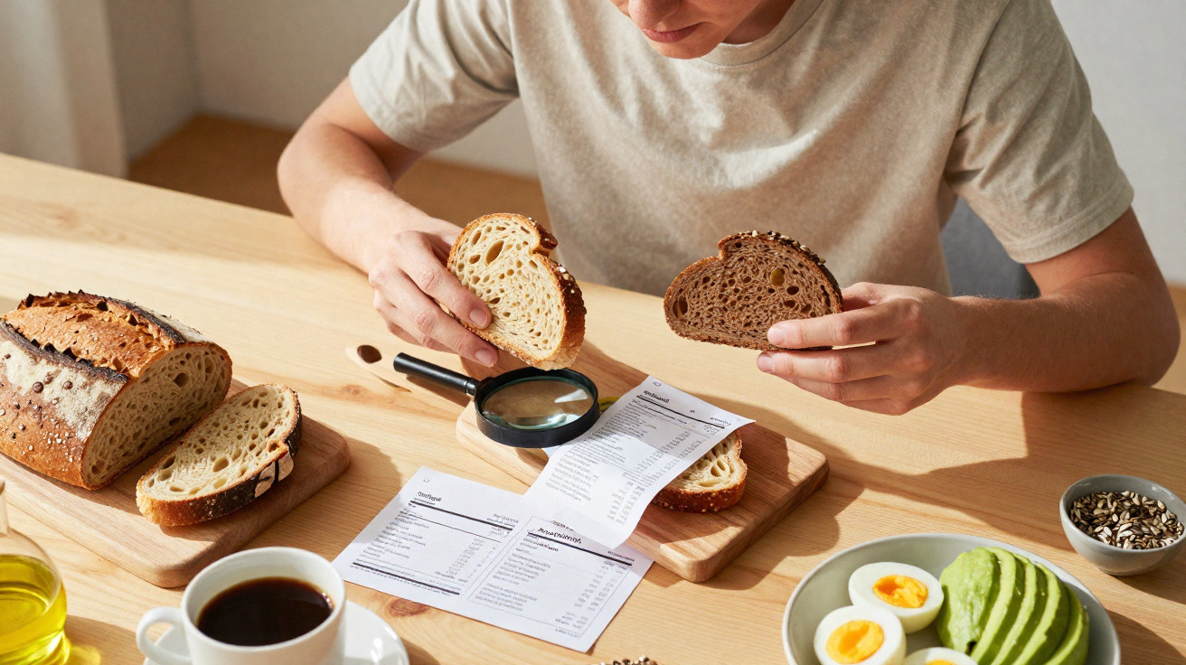 Pessoa comparando dois tipos de pão com lupa ao lado de café, ovos cozidos e abacate fatiado na mesa.