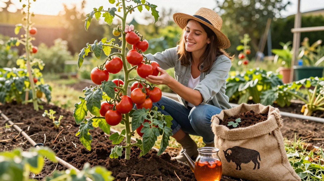 Mulher sorrindo colhendo tomates maduros em horta, com saco de terra e jarra ao lado.