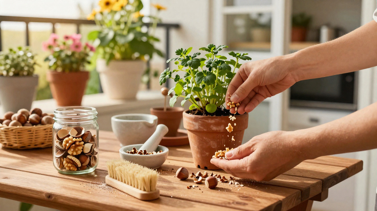 Mãos esmagando nozes próximas a vaso com planta sobre mesa de madeira com utensílios e flores ao fundo.