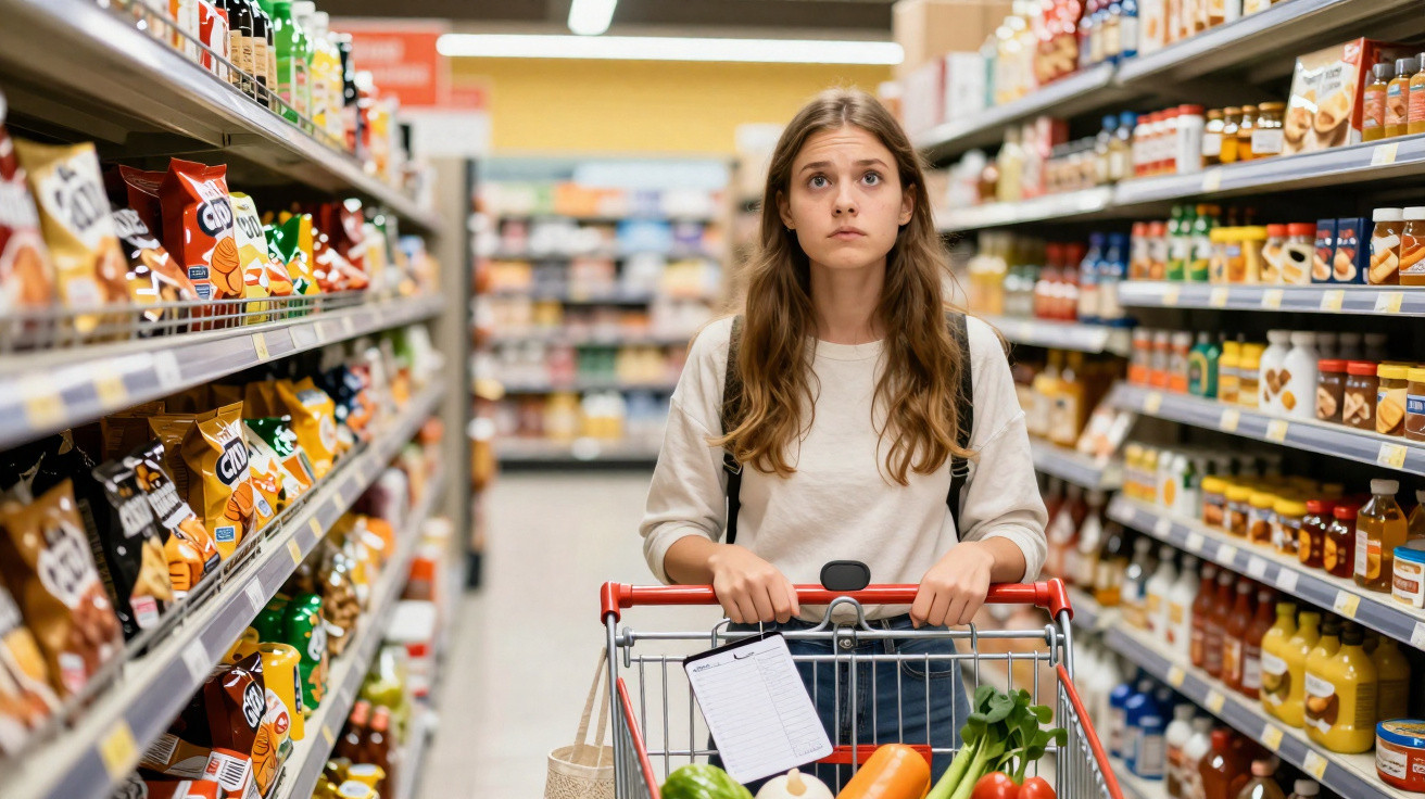 Jovem mulher empurra carrinho de compras em supermercado, com legumes e lista de compras no carrinho.