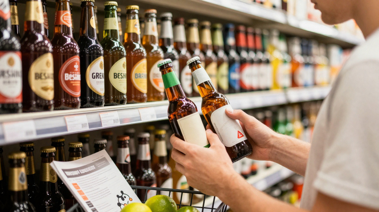 Pessoa segurando duas garrafas de cerveja para escolher no corredor de bebidas em supermercado.