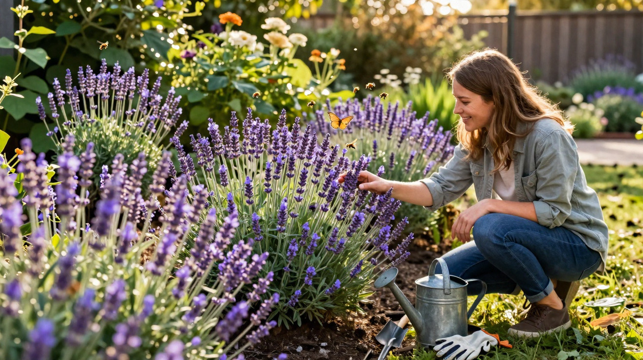 Mulher agachada cuidando de flores de lavanda em jardim com regador e luvas ao lado.