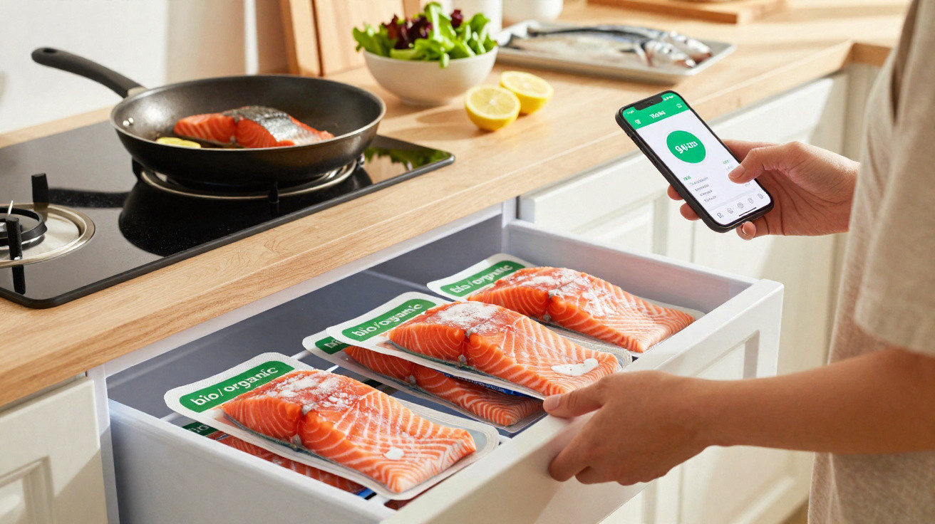 Pessoa segurando celular com app aberto ao lado de gaveta com embalagens de salmão bio orgânico na cozinha.