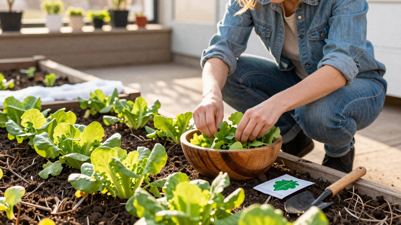 Pessoa colhendo verduras em canteiro elevado de horta caseira ensolarada com ferramentas ao lado.
