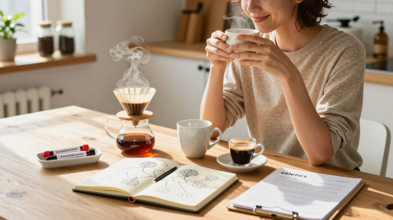 Mulher sorrindo tomando café na cozinha com caderno desenhado, prancheta e café coado à mesa.