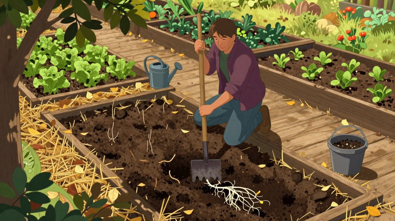 Pessoa ajoelhada cultivando horta no solo com ferramentas ao redor em jardim com plantas verdes.