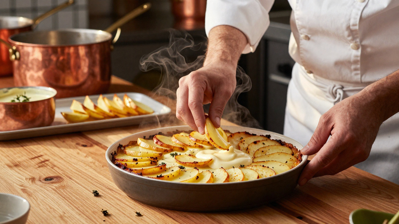 Chef finaliza torta quente de maçã com creme na cozinha profissional.
