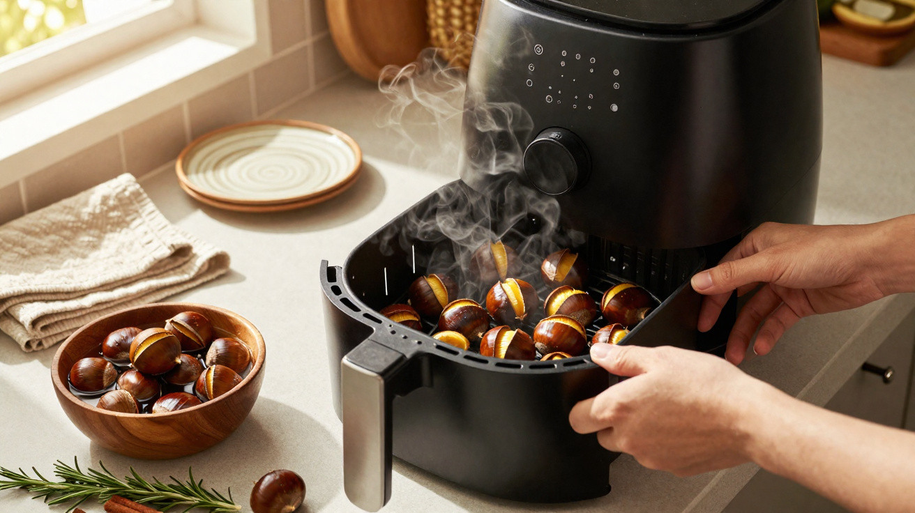 Mãos retirando castanhas quentes e fumegantes de uma air fryer preta em bancada de cozinha clara.