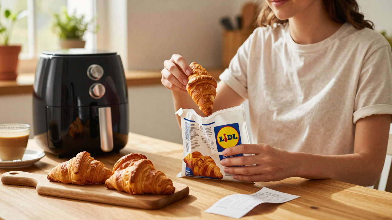 Mulher retirando croissant da embalagem Lidl para servir à mesa com airfryer e café ao fundo.