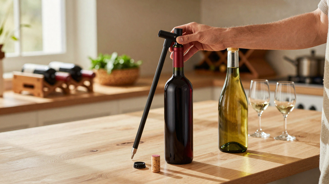 Pessoa usando saca-rolhas para abrir garrafa de vinho tinto em bancada com garrafa branca e taças.