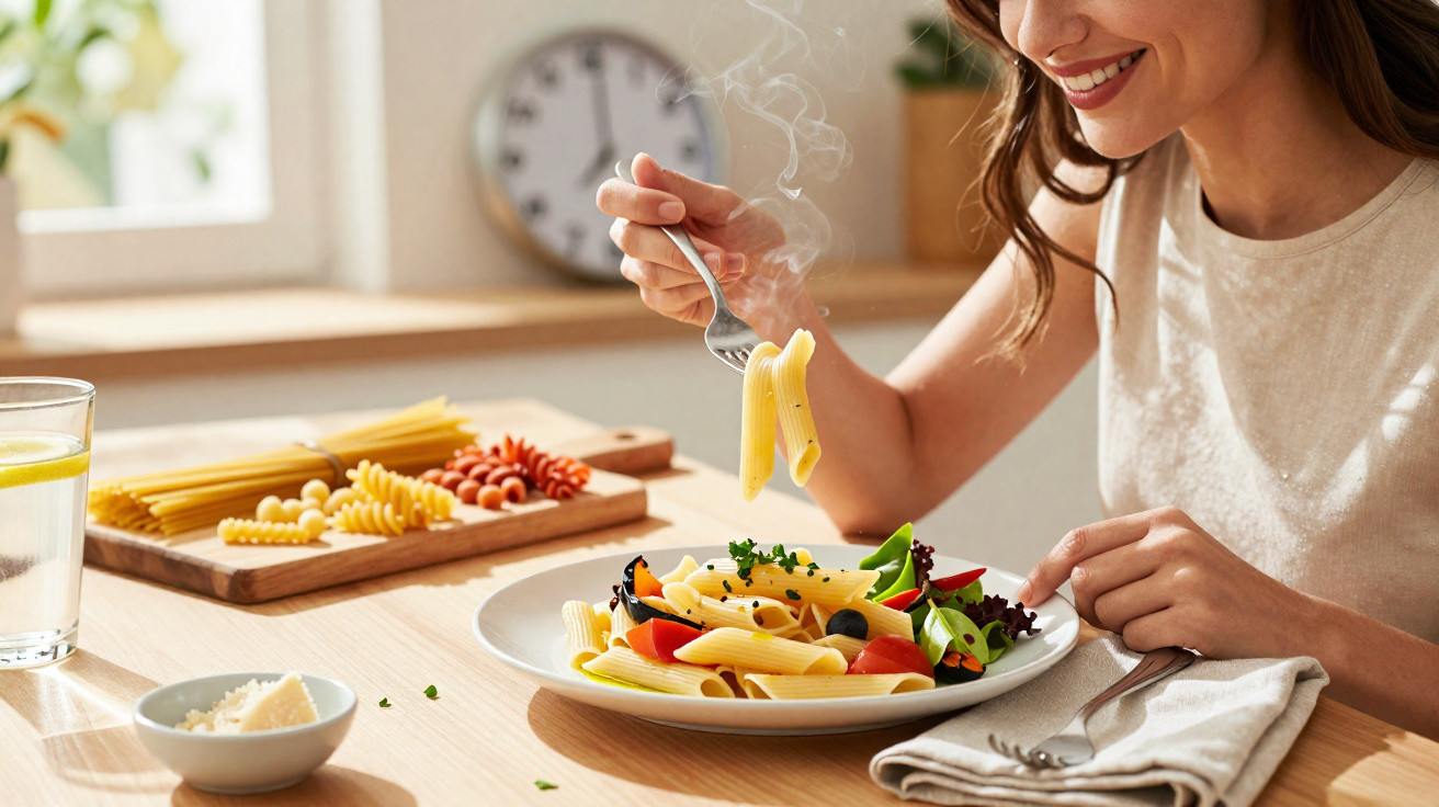 Mulher sorridente comendo massa quente com salada em prato branco em mesa de madeira clara.