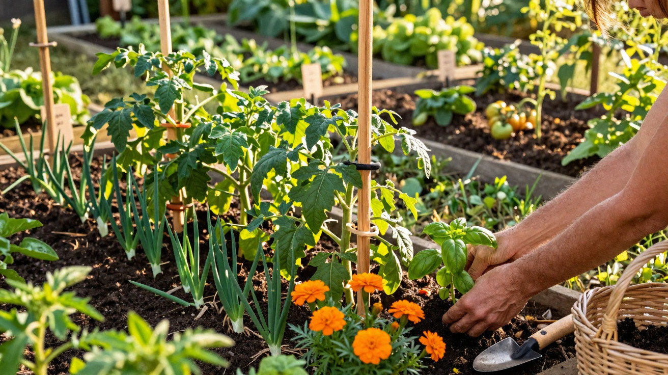 Pessoa cuidando de plantas em horta caseira com tomates, flores e ervas em canteiros de madeira.