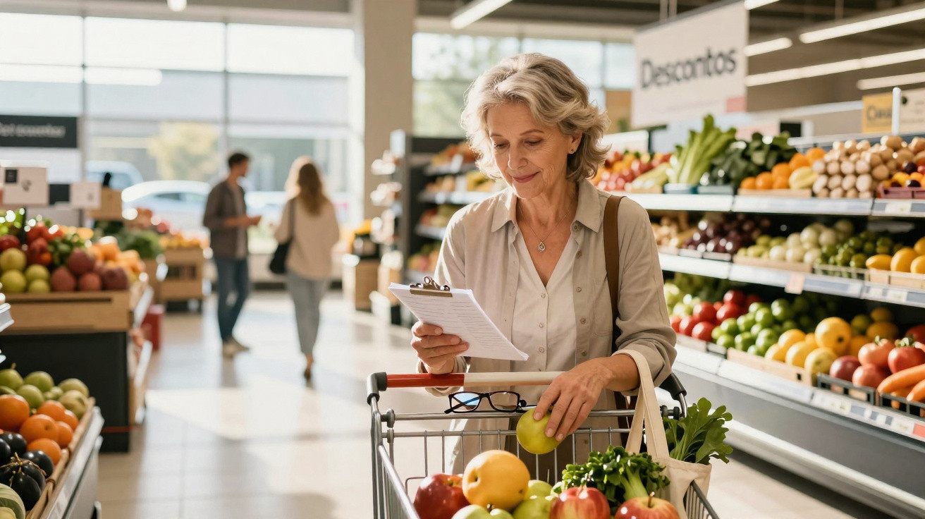 Mulher madura fazendo compras em supermercado, olhando lista enquanto escolhe frutas no carrinho.