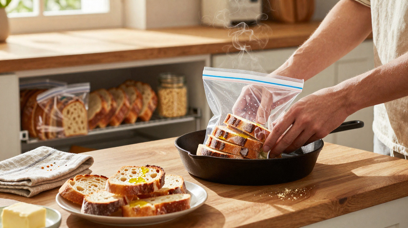 Mãos seguram saco plástico com fatias de pão sobre frigideira em cozinha iluminada e pão fatiado no prato.