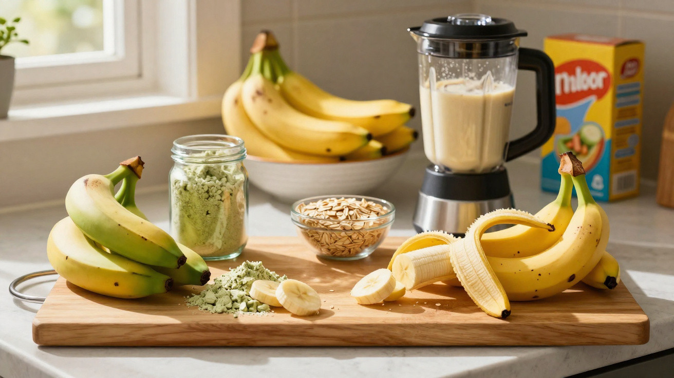 Bananas inteiras e fatiadas, aveia, pó verde em pote e liquidificador com vitamina na bancada da cozinha.