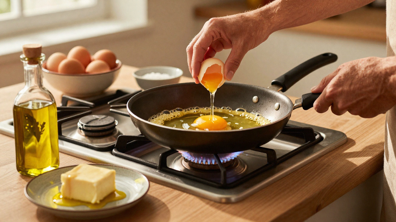 Pessoa quebrando um ovo em frigideira com óleo sobre fogão a gás para fritar.