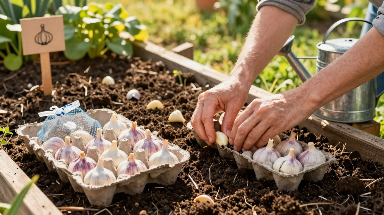Mãos plantando dentes de alho em canteiro de terra com bandeira indicando cultivo de alho.