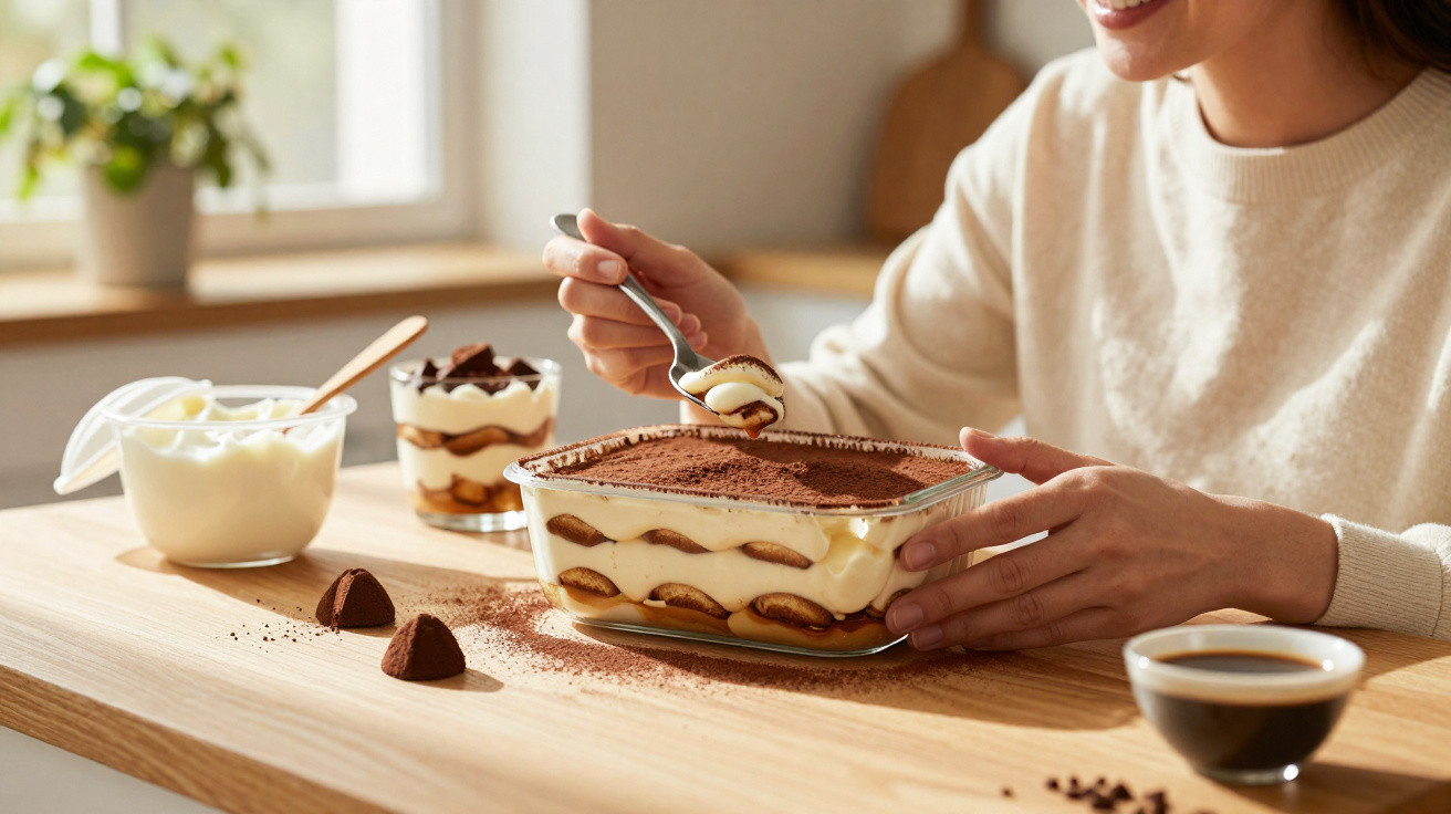 Pessoa comendo tiramisu em pote de vidro sobre mesa com café, chocolates e creme ao fundo.