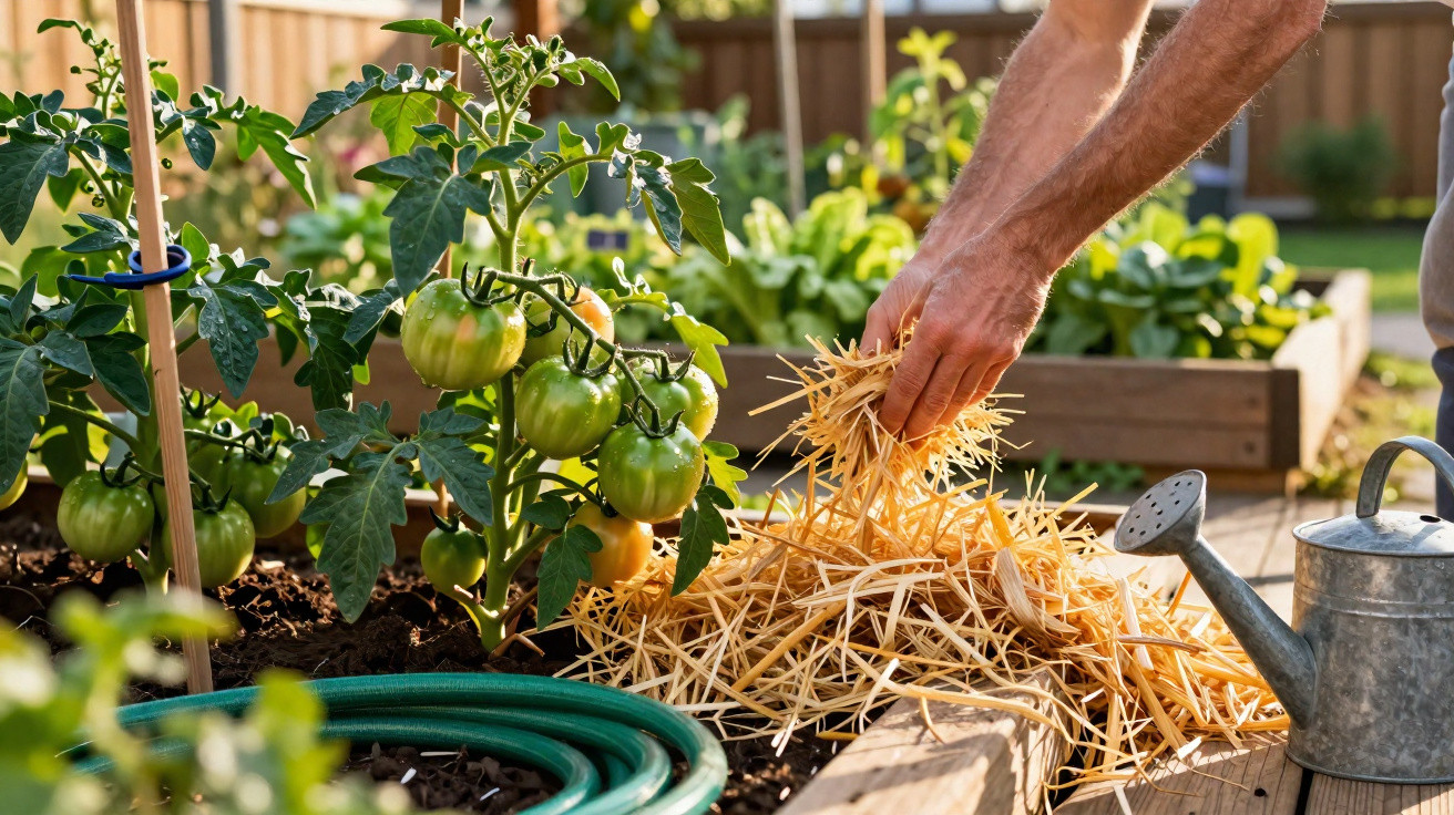 Pessoa colocando palha no solo ao lado de pés de tomate verde em jardim com canteiros elevados.