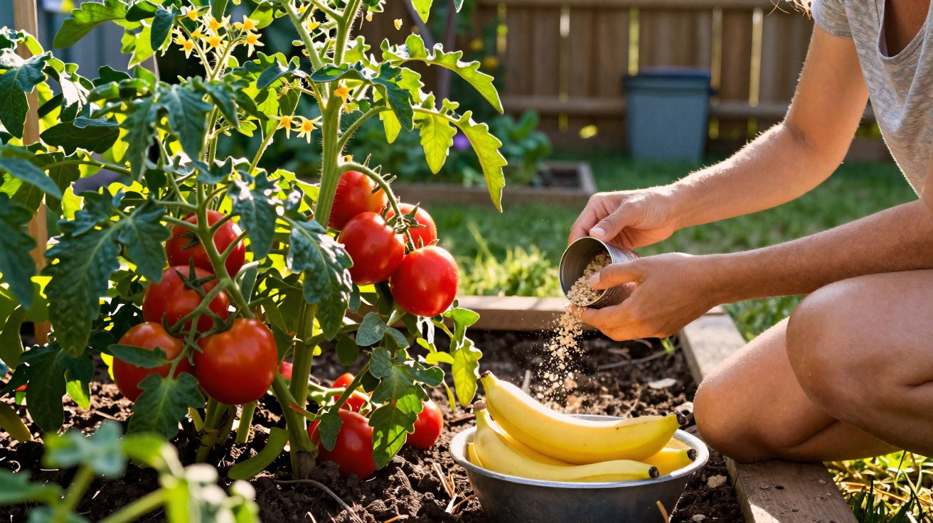 Pessoa aplicando fertilizante caseiro com cascas de banana em planta de tomate no jardim.
