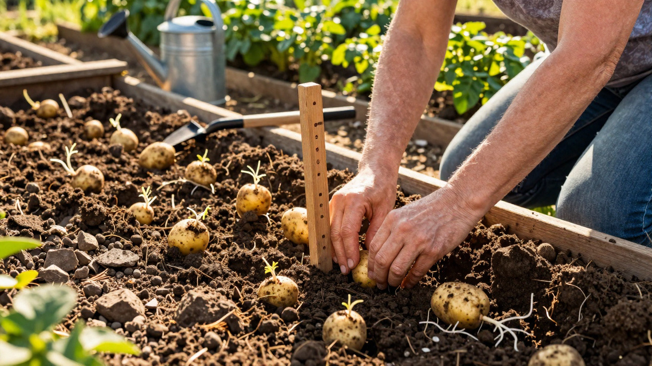 Pessoa plantando batatas em canteiro de terra com regador e enxada ao fundo em jardim ensolarado.