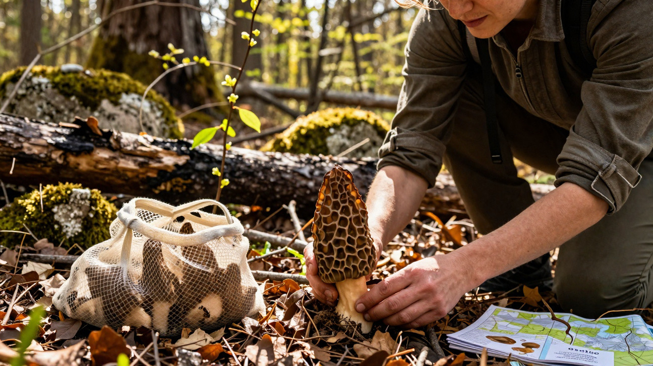 Pessoa coletando cogumelo morel na floresta ao lado de mapa e mochila em chão com folhas secas.