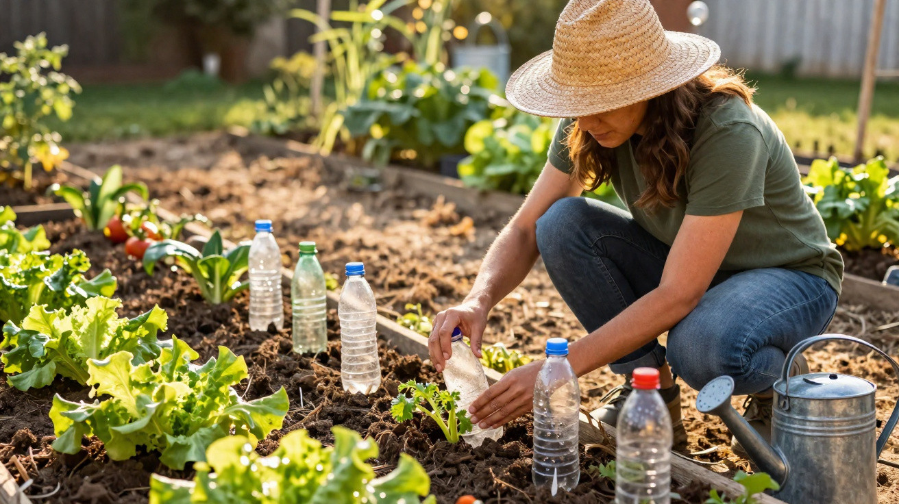 Mulher com chapéu plantando mudas de alface em jardim, com garrafas plásticas usadas como cercado.