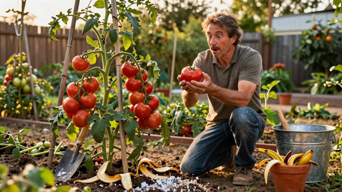 Homem ajoelhado no jardim segurando tomate grande e vermelho, cercado por plantas e frutas.