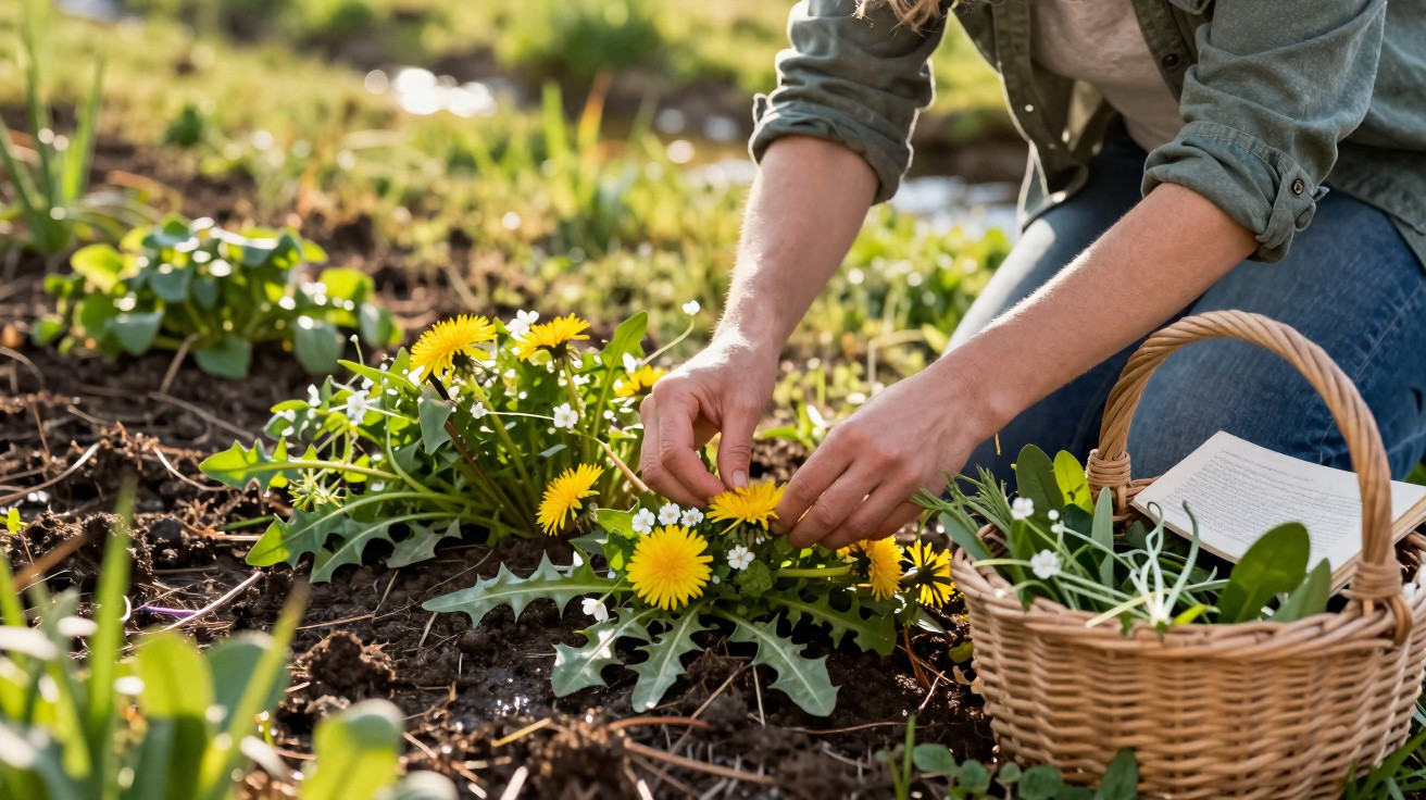 Pessoa cuidando de plantas com flores amarelas e pequenas flores brancas em um jardim ensolarado.