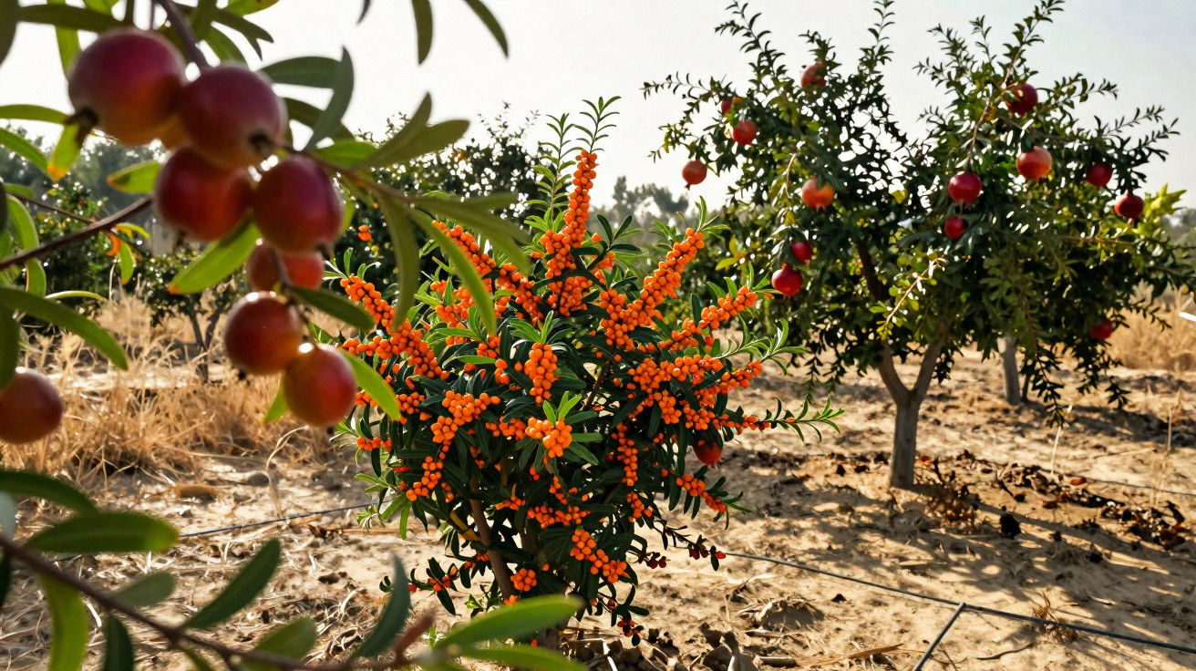 Planta com frutos alaranjados em foco ao centro e árvores frutíferas ao fundo em ambiente seco ensolarado.