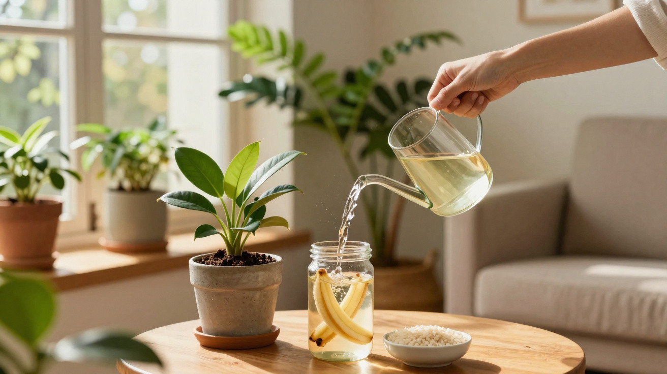 Mão despejando água em jarra com banana na mesa ao lado de plantas em vasos e sofá.