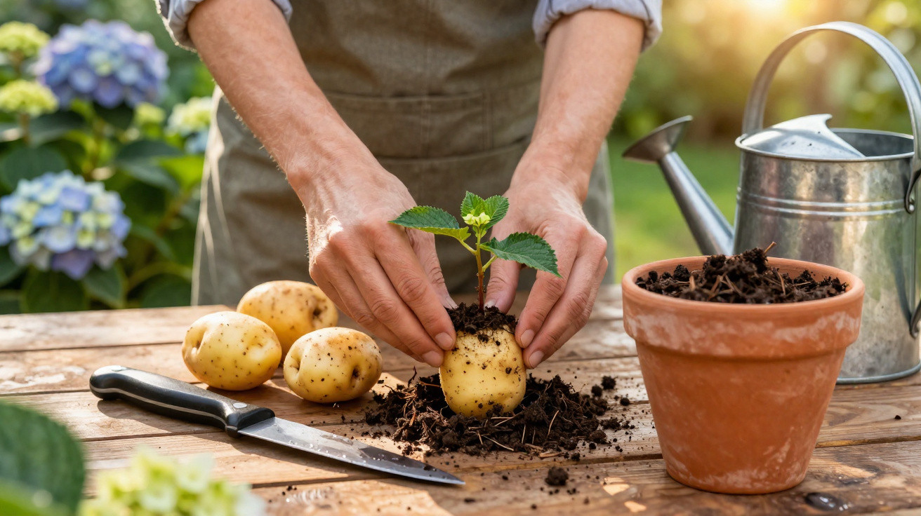 Pessoa plantando muda em batata sobre mesa de madeira com vaso, regador, terra e faca.