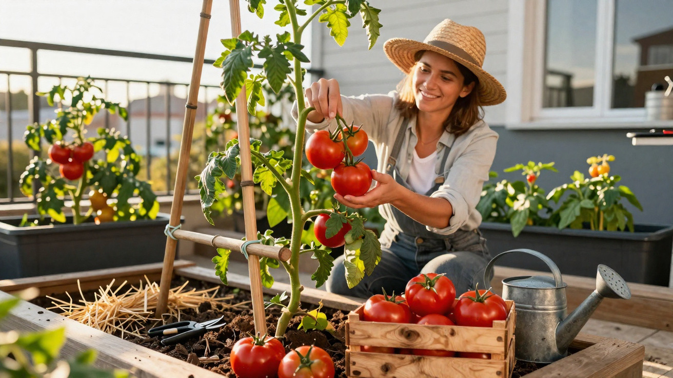 Mulher colhendo tomates em horta urbana, sorrindo, com caixa de madeira e regador ao lado.