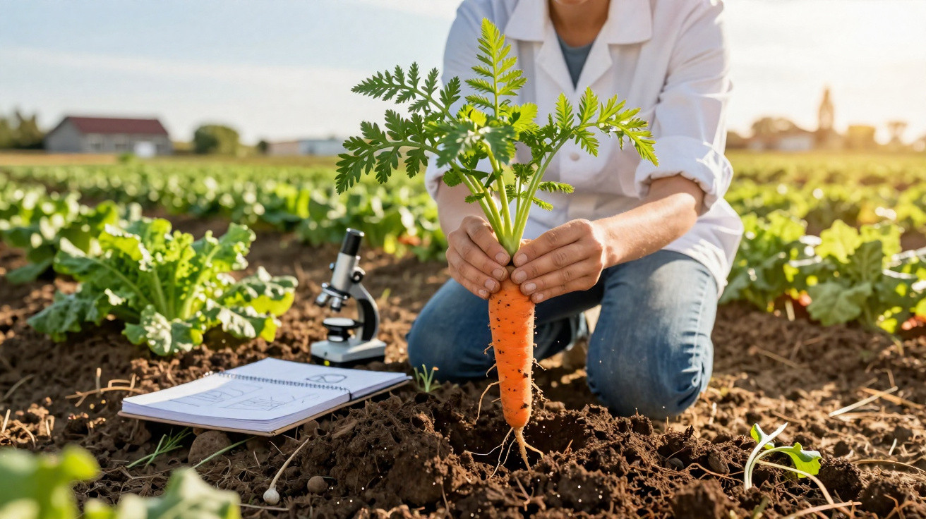 Pessoa em campo agrícola segurando uma cenoura recém-colhida, com caderno e microscópio ao lado.