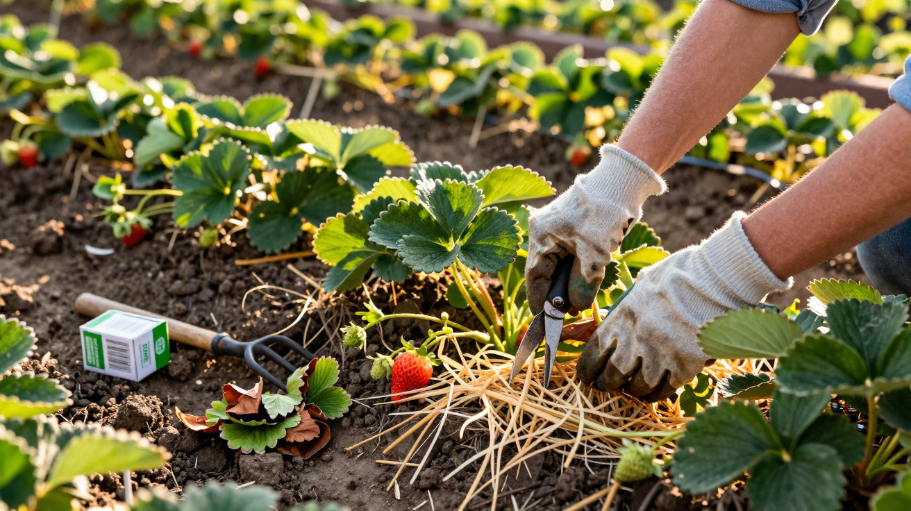 Pessoa com luvas cuidando de planta de morango em horta, cerca de morangos maduros e folhas verdes.