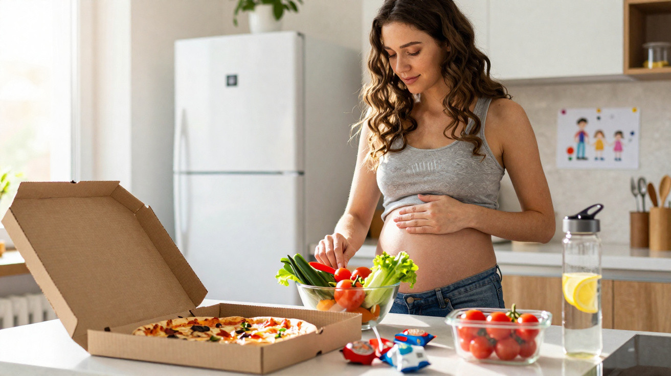Mulher grávida escolhendo legumes em uma tigela na cozinha com pizza e frutas na bancada.