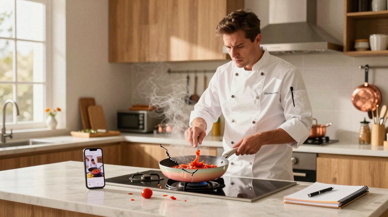 Homem com jaleco de chef cozinhando com frigideira em cozinha moderna com smartphone na bancada.