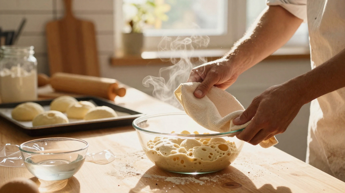 Pessoa segurando pano ao lado de recipiente com massa fermentada e assadeira com pães na cozinha iluminada.